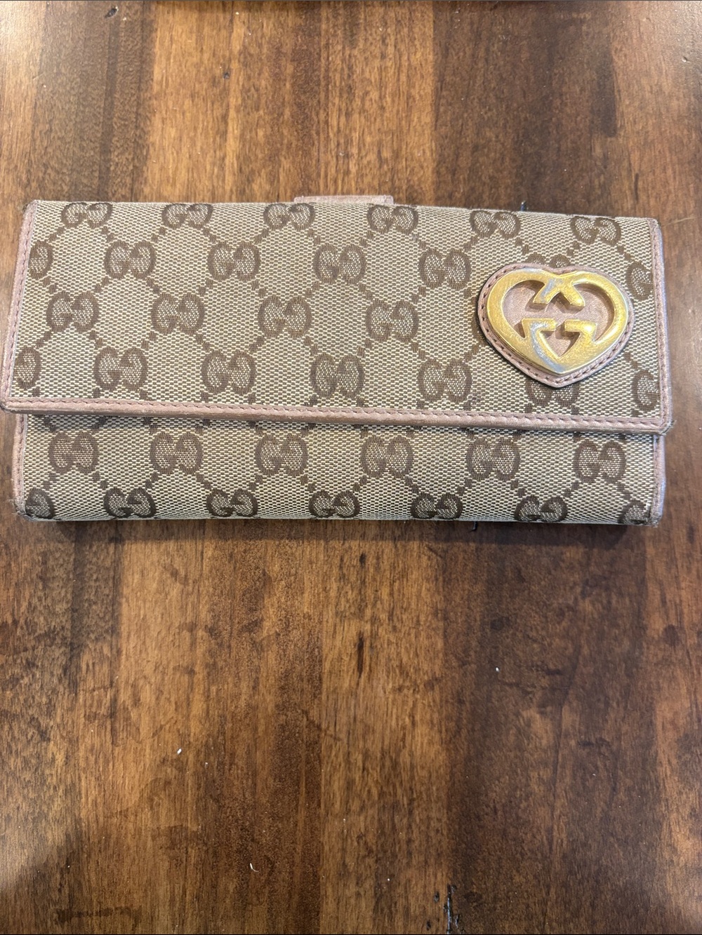 Gucci Beige/Brown Monogram Continental Wallet with Gold Heart Logo